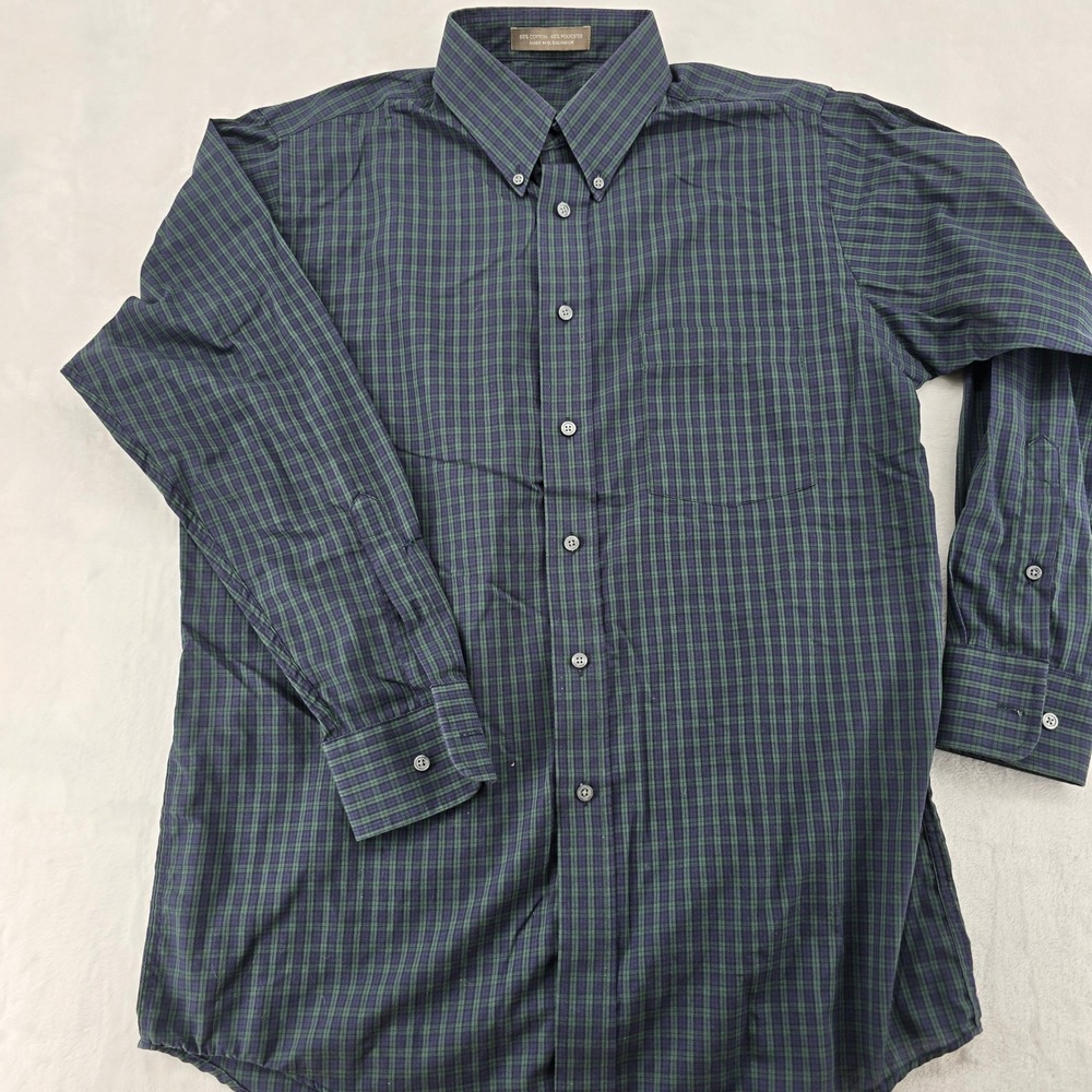 Unbranded Button Down Mens L Button Down Green Navy Blue Plaid Long Sleeve 6835